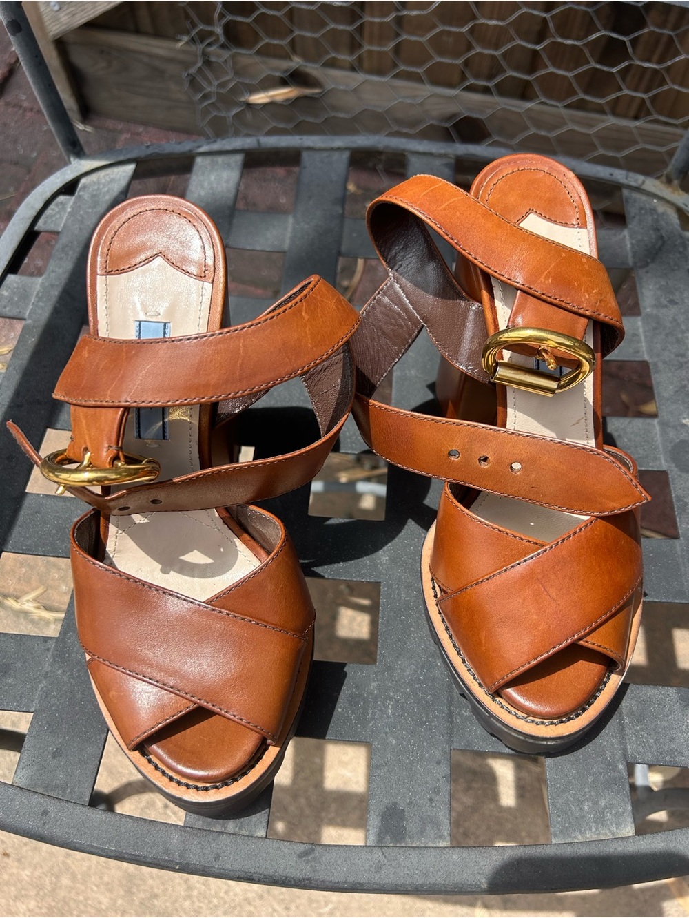 Prada Cognac Leather Platform Sandal with Gold Ring - Picture 2 of 7